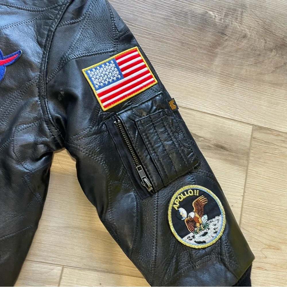 NASA Alpha Industries Black Leather Bomber Jacket. Size YM